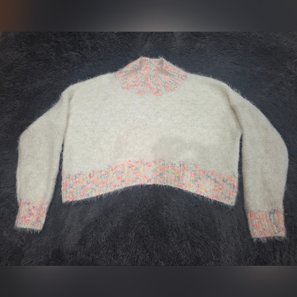 Free People Cream Fuzzy Turtleneck Sweater with Pastel Multicolor Trim